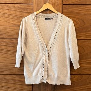 Eyn Cream Cardigan with Crochet Trim and 3/4 Length Sleeves Spring Sweater Sz L